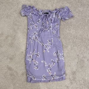 Lavender mini bardot dress with front tie